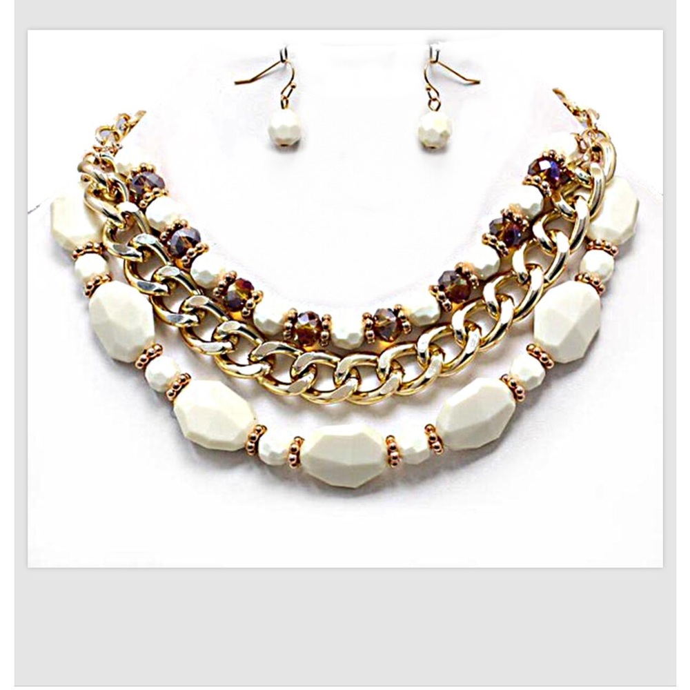 Necklace Earrings Set Cream Gold Layered Multi Strand Chain 16.5"-19"L Women